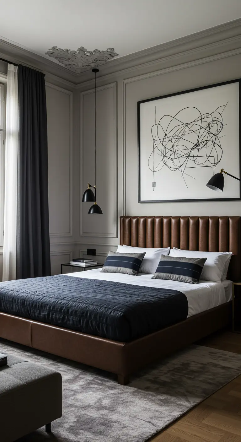 Dormitorio parisino de estilo masculino con cabecero de cuero, lámparas colgantes y arte abstracto