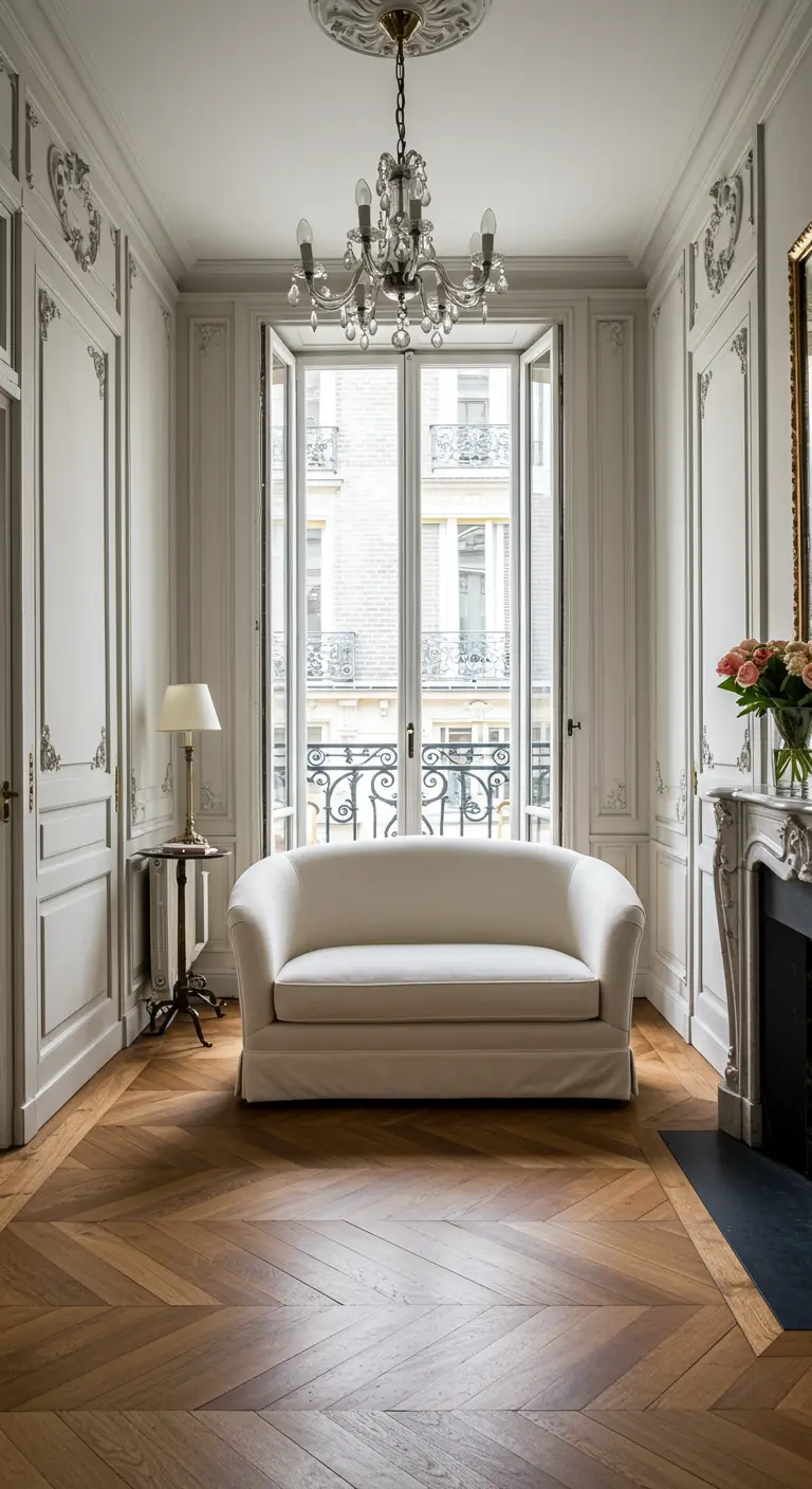 Sofá cama blanco de dos plazas en un elegante salón parisino con molduras y suelo de madera en espiga.