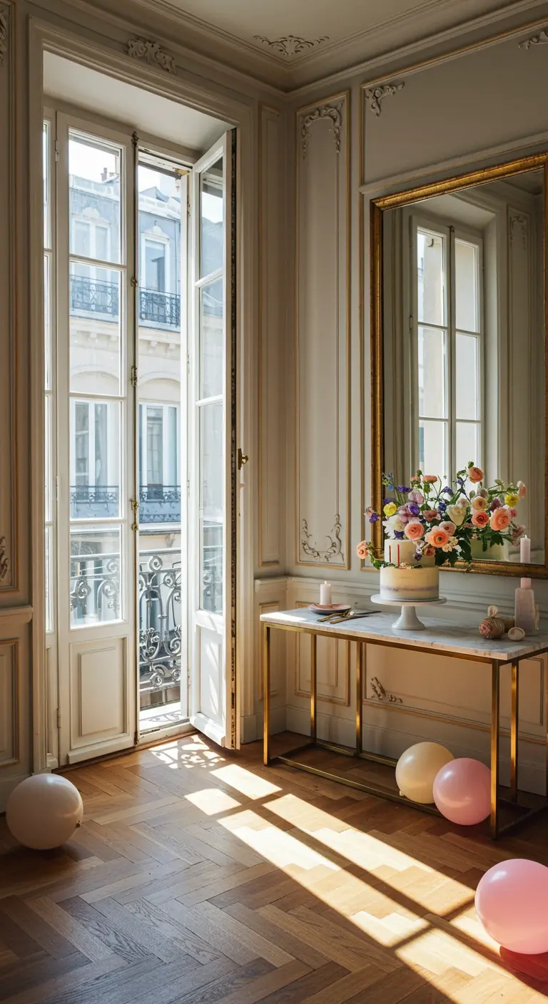 Pastel blanco en una consola dorada junto a un gran ramo de flores en un piso parisino.