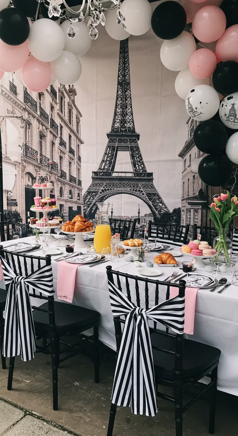 Sillas negras en una fiesta de temática parisina, decoradas con lazos de tela a rayas blancas y negras.