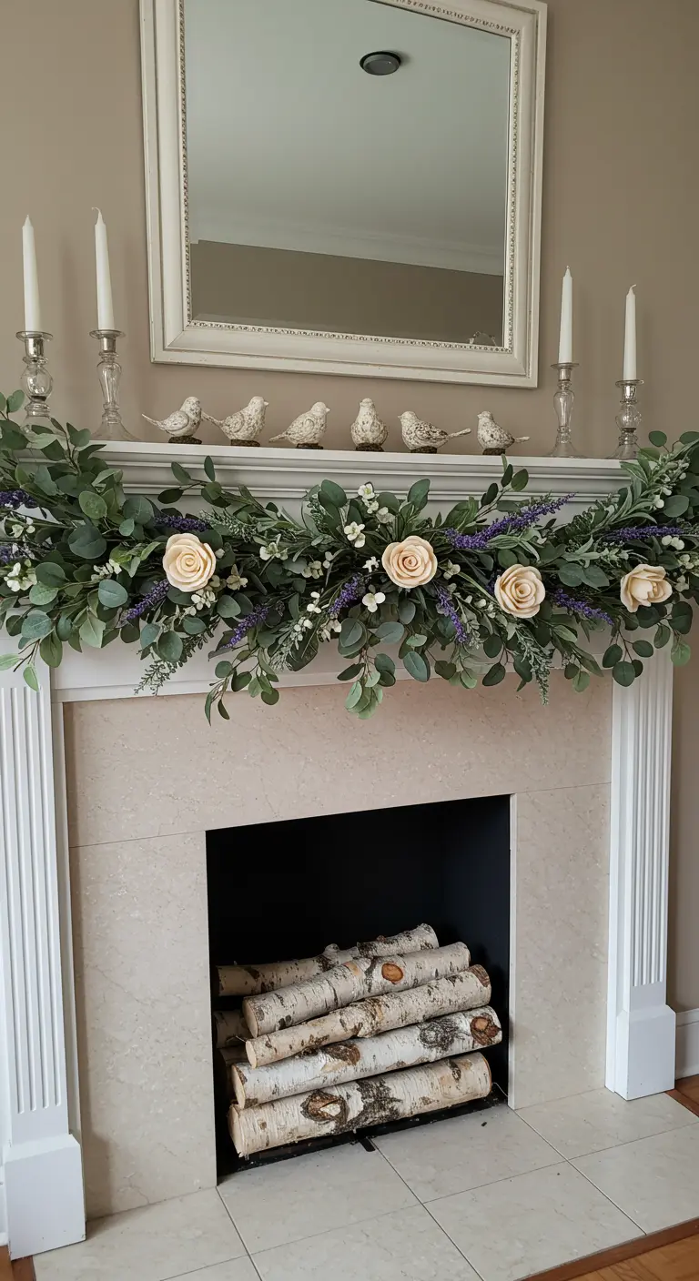 Repisa de chimenea decorada con una guirnalda de eucalipto, rosas de madera color crema y lavanda.