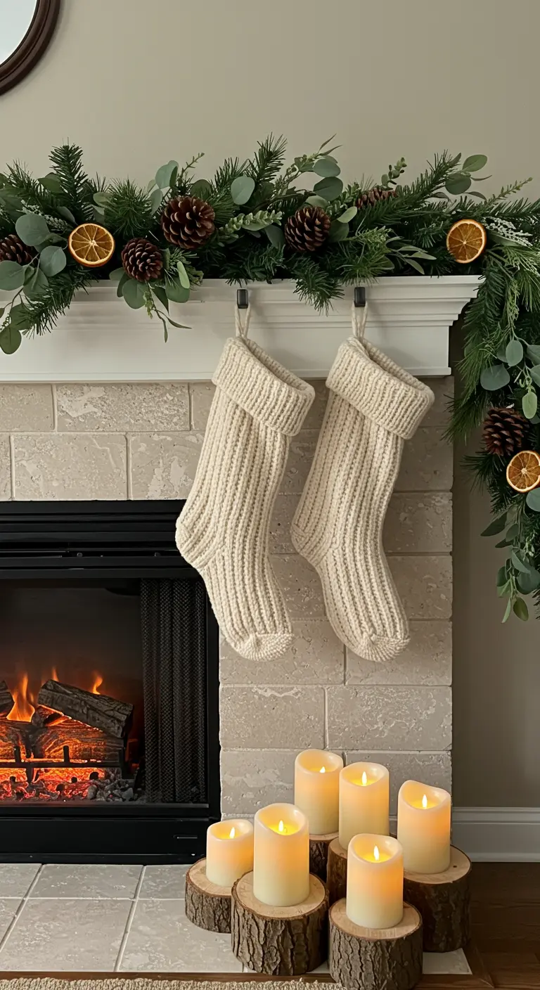 Chimenea con una guirnalda de pino, piñas y rodajas de naranja seca, con calcetines de punto colgando.