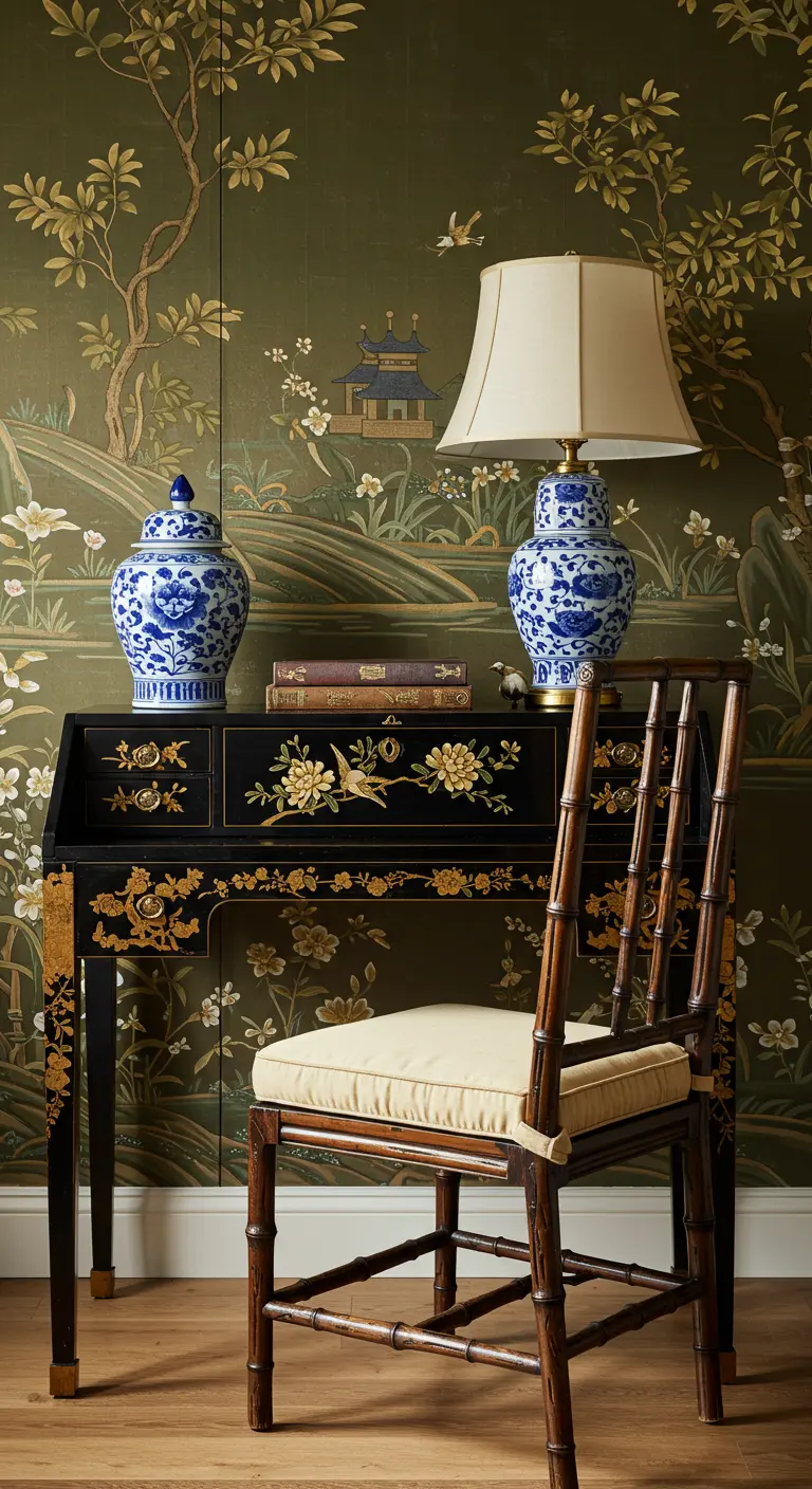Escritorio negro lacado con detalles dorados, jarrones chinos y un papel pintado de estilo Chinoiserie.