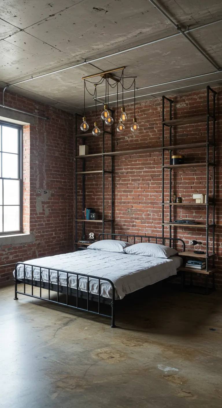 Lámpara de latón con bombillas Edison colgando sobre una cama en un dormitorio estilo loft industrial.