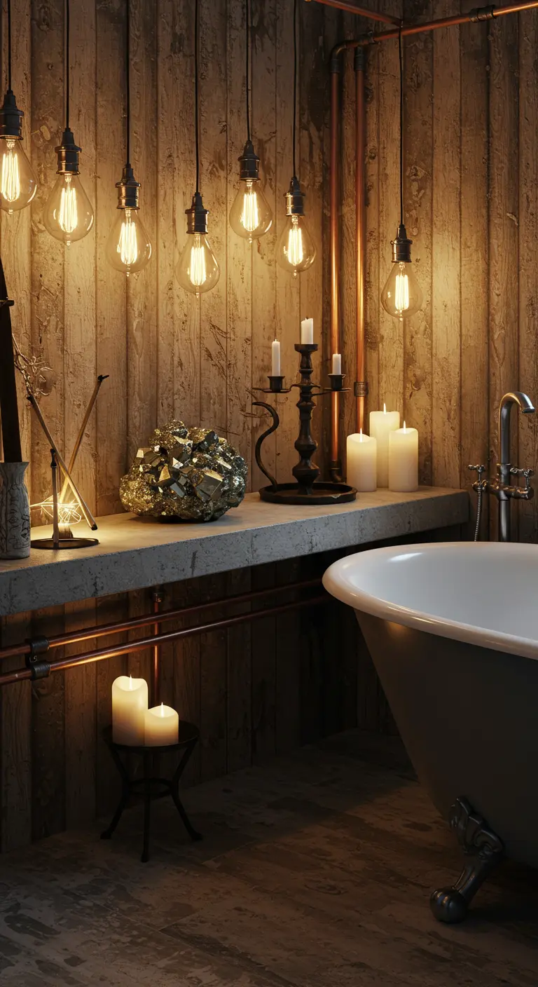 Baño industrial con pared de madera, bombillas Edison colgantes y un cristal de pirita.