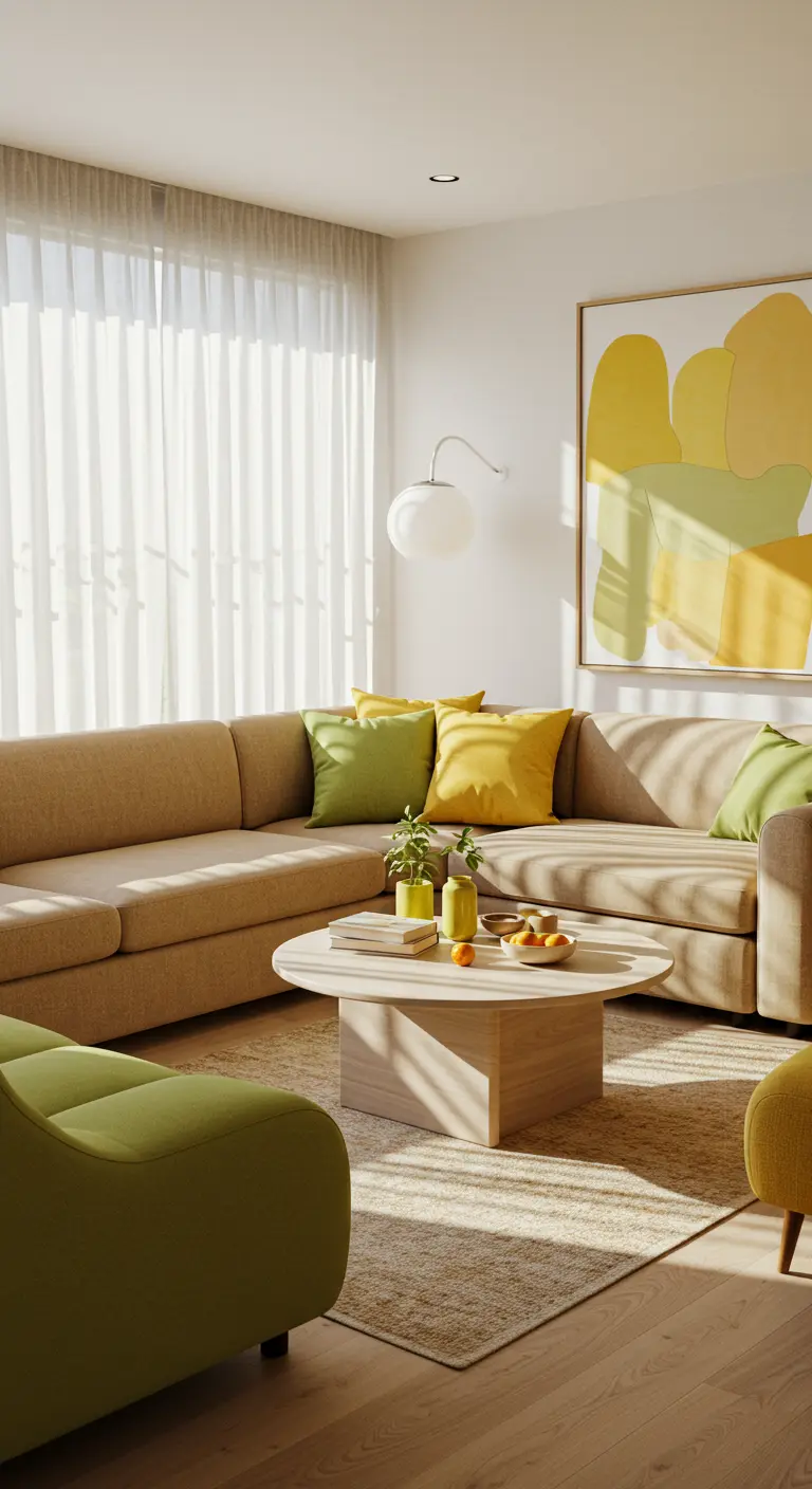 Sala de estar neutra con sofá beige y acentos de color en cojines y arte.