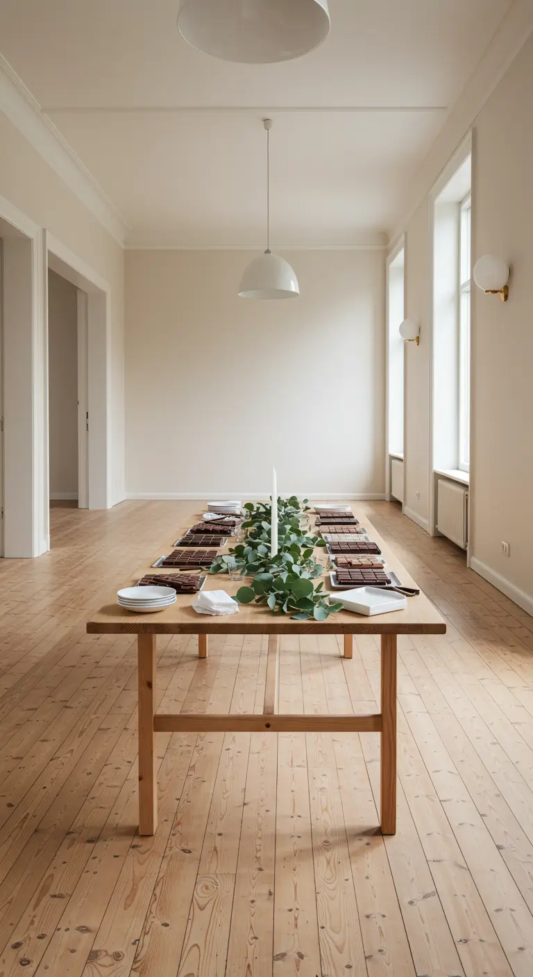 Mesa de comedor minimalista de madera con chocolates y un camino de eucalipto.