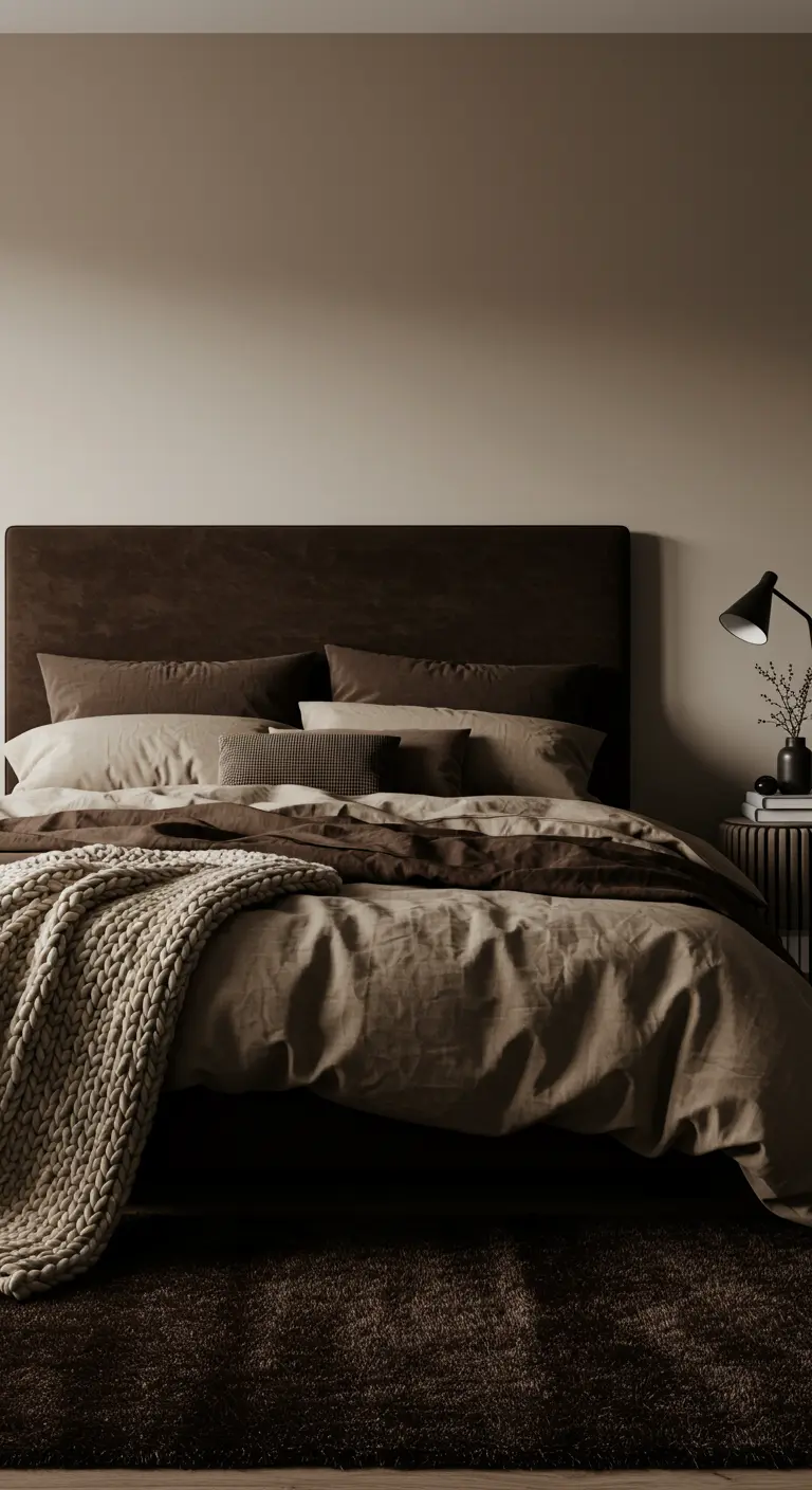 Dormitorio acogedor con cabecero de terciopelo marrón y capas de ropa de cama en tonos topo y beige.