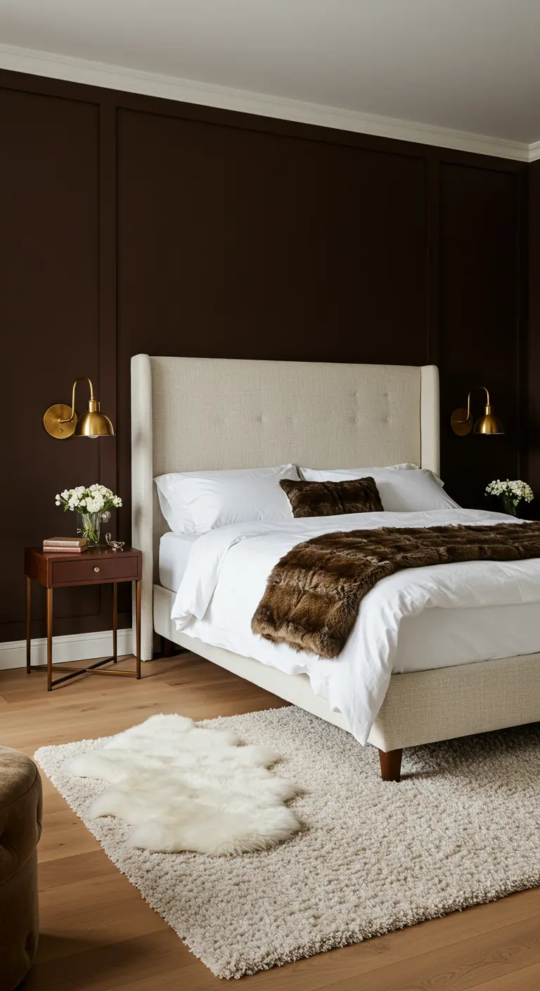 Dormitorio con paredes marrón chocolate, cama con sábanas blancas y apliques dorados.