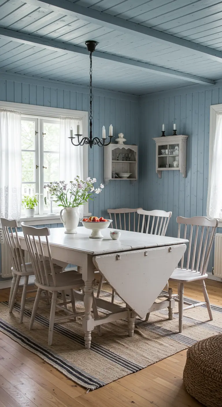 Acogedor comedor de estilo nórdico con paredes y techo de madera pintados de azul claro