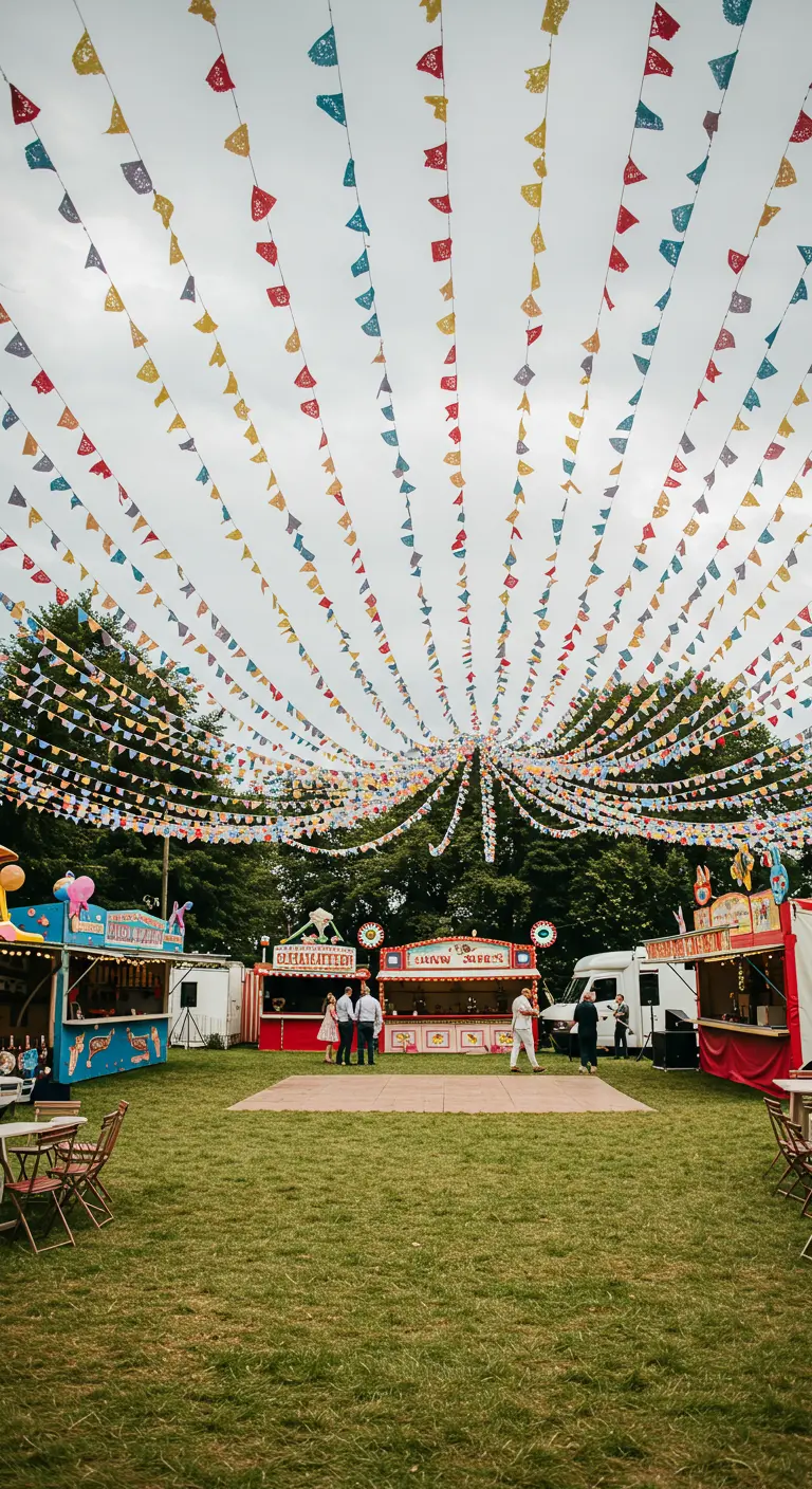 Exterior de una feria o festival con un cielo completamente cubierto por hileras de banderines de colores.