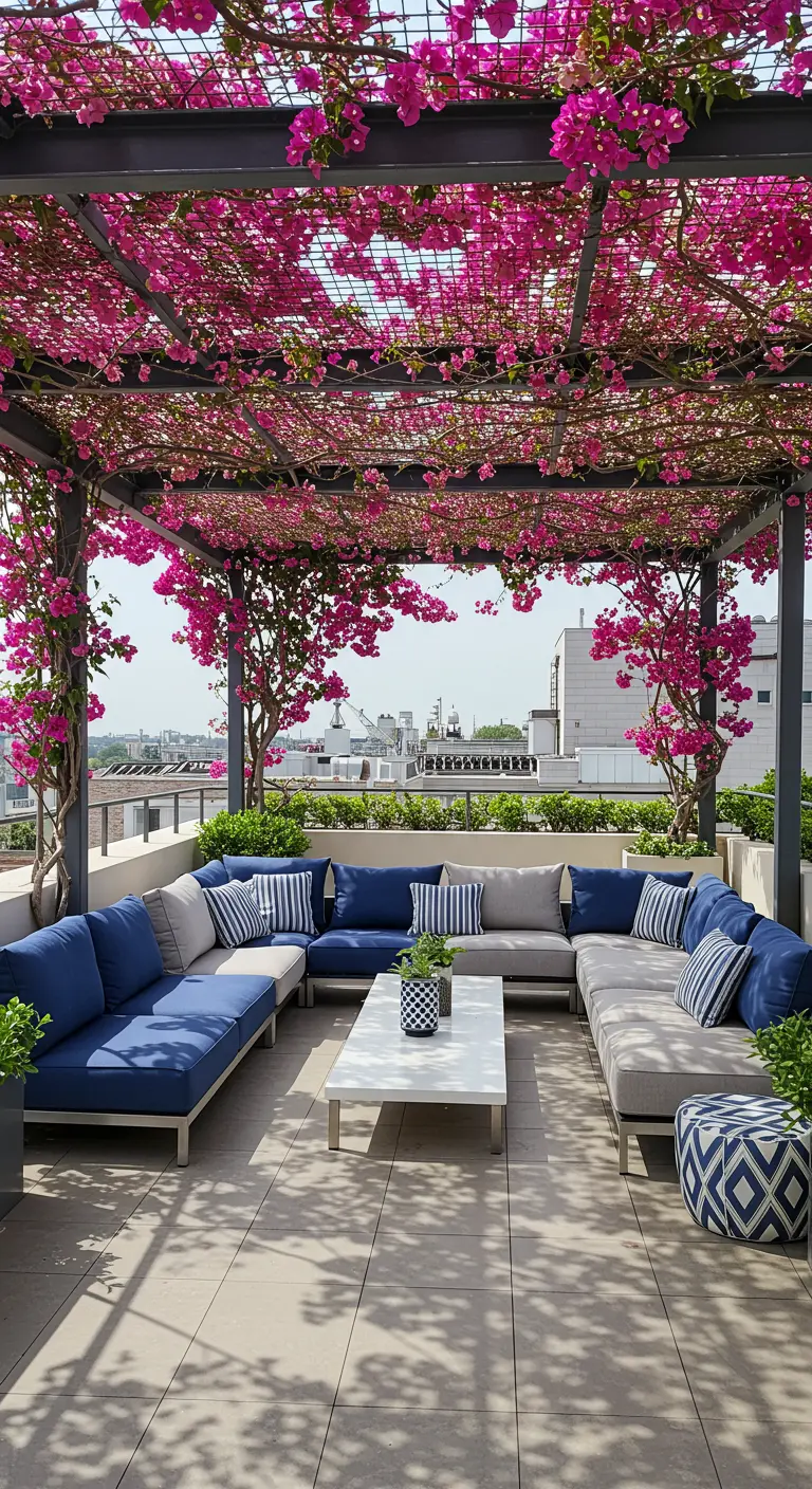 Terraza con pérgola cubierta de buganvillas y un gran sofá modular azul y gris.