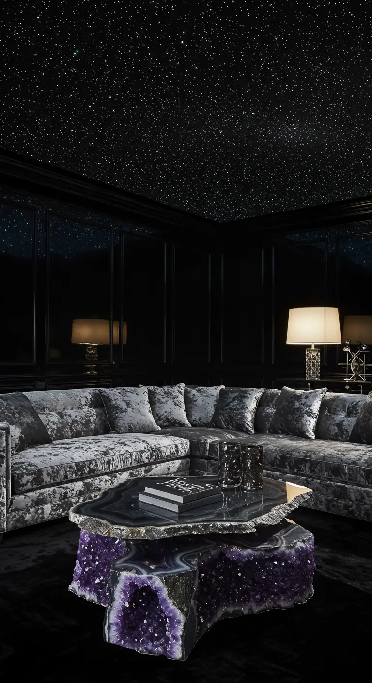 Sala de lujo con techo de fibra óptica estrellado y una imponente mesa de centro de amatista.