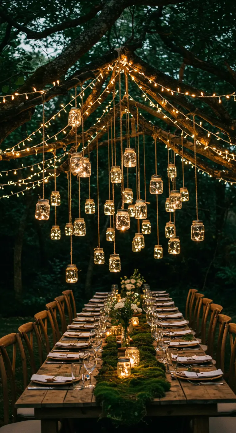 Lluvia de tarros de cristal con luces led colgando sobre una mesa de boda en el bosque.