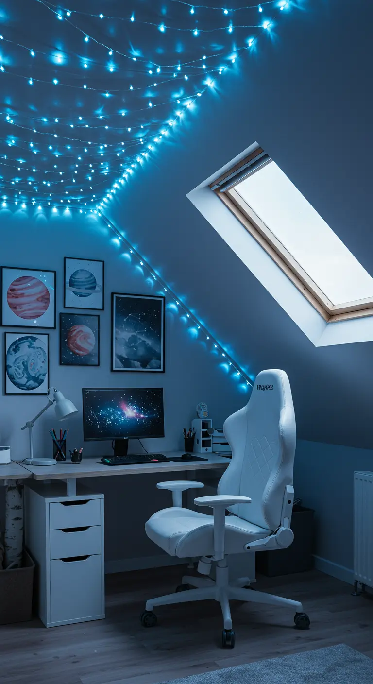 Estudio en un ático con luces de hadas azules en el techo y cuadros de planetas en la pared.