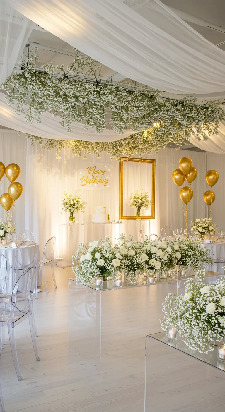 Decoración de fiesta etérea con nubes de paniculata, globos dorados y mesas de acrílico.