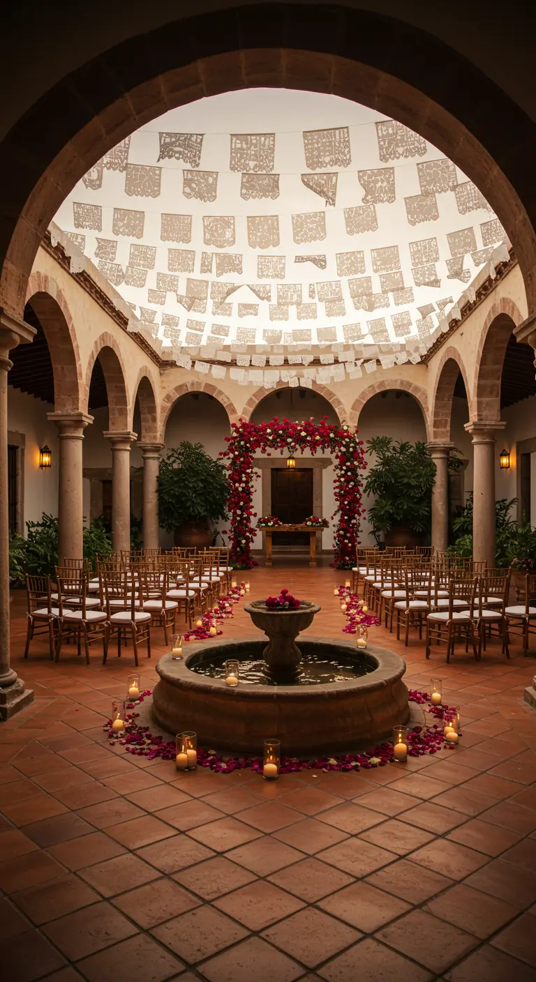 Boda en patio colonial con techo de papel picado blanco y arco de flores rojas.