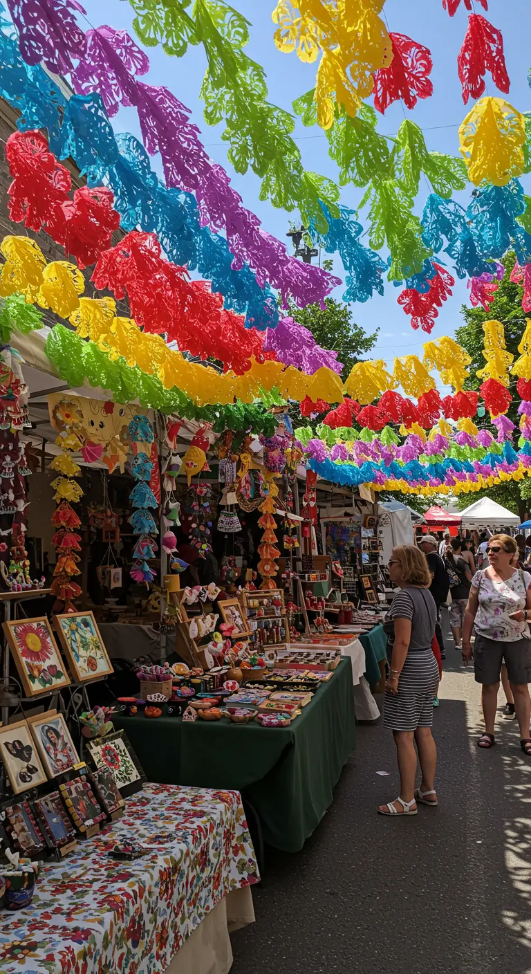 Calle de un mercado al aire libre con un techo cubierto de guirnaldas de papel de colores.
