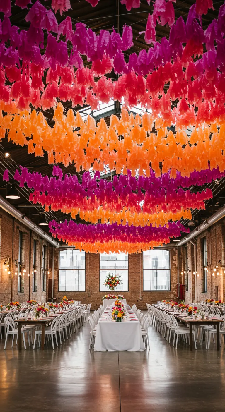 Techo de un salón de bodas cubierto por completo con guirnaldas de papel de seda en fucsia y naranja.