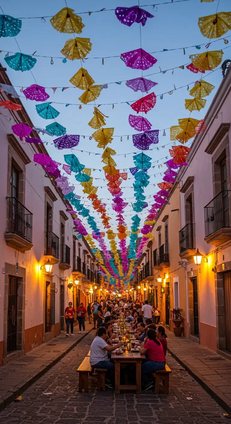 Calle estrecha decorada con sombrillas de papel de colores colgando entre los edificios.