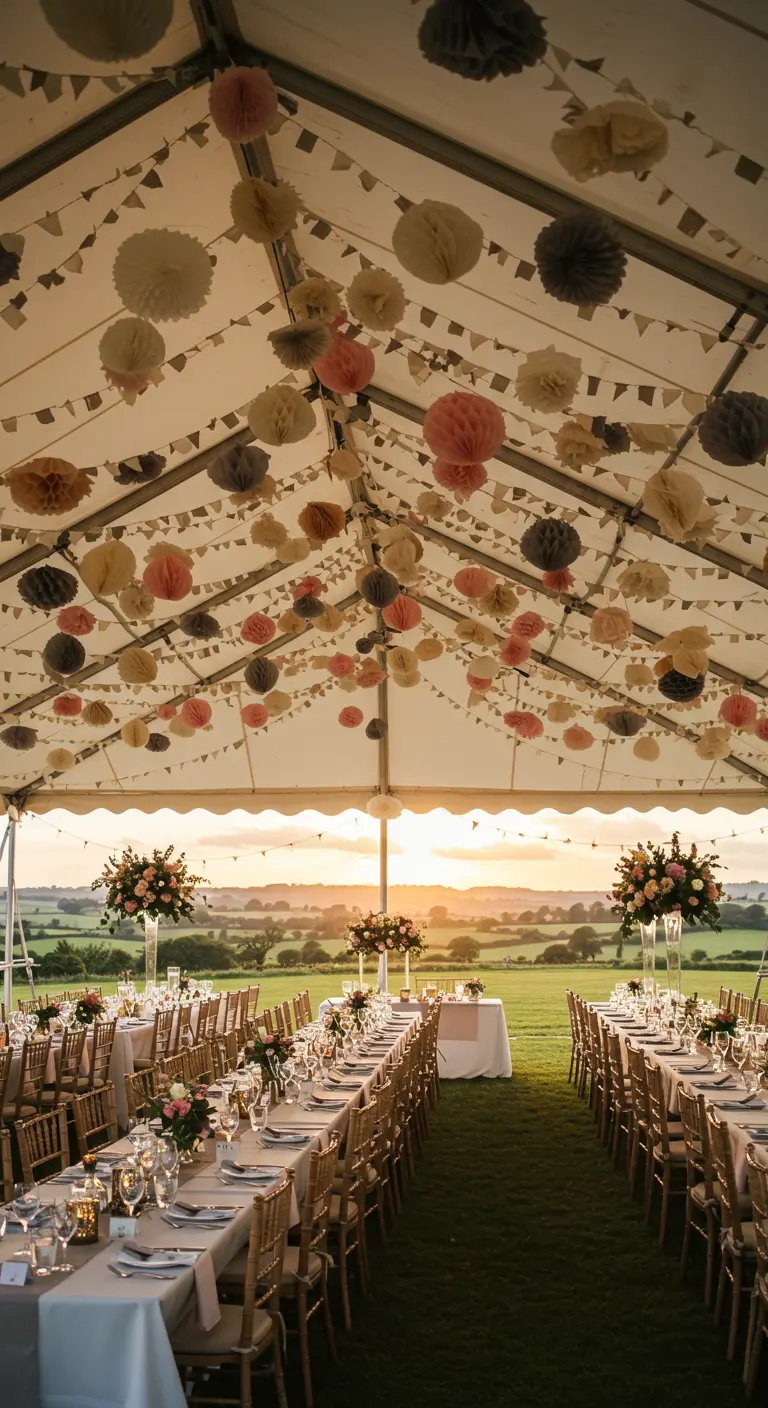 Interior de una carpa de bodas con el techo lleno de pompones de papel de tonos pastel.