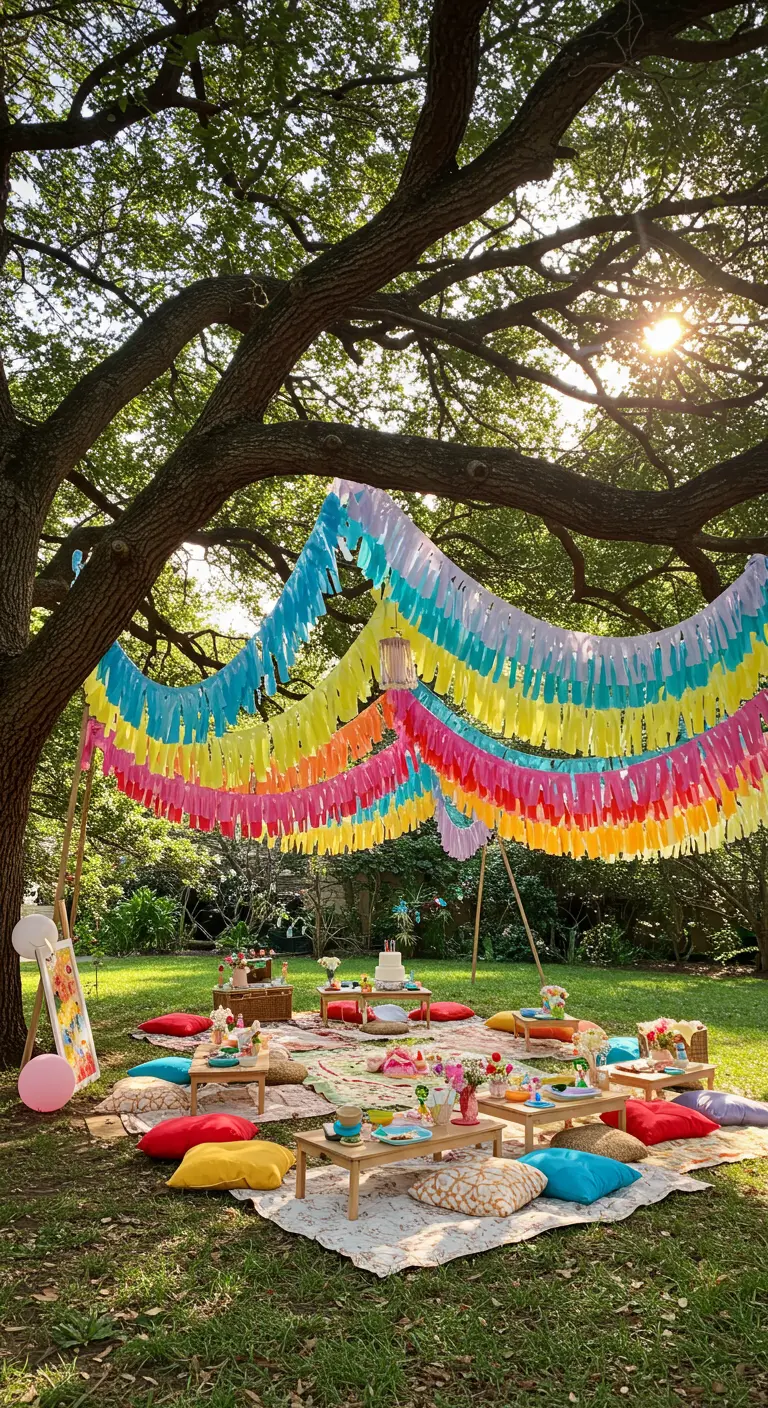 Fiesta de cumpleaños al aire libre con guirnaldas de papel crepé colgando de un árbol.