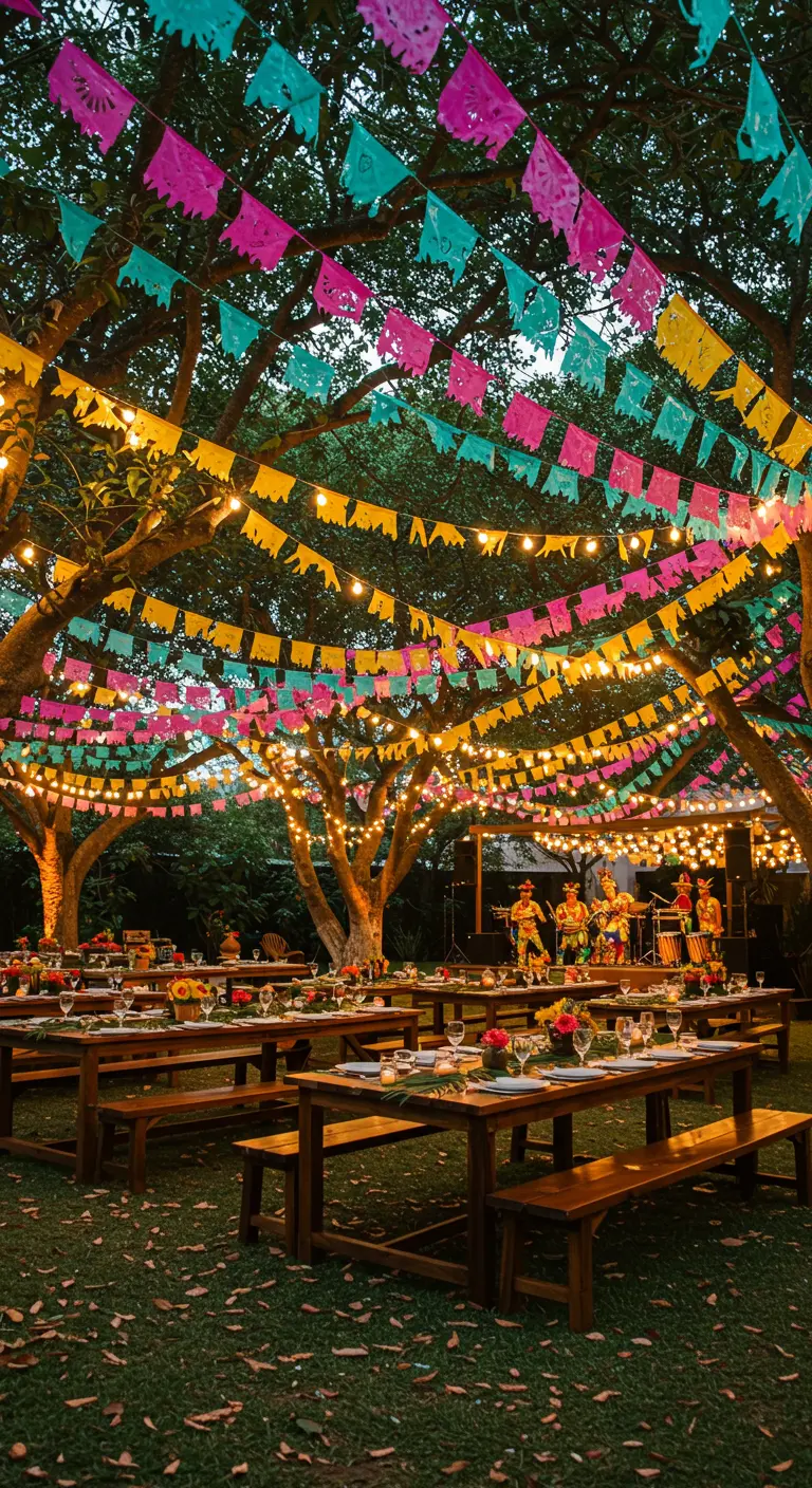 Jardín decorado con guirnaldas de papel picado de colores y luces cálidas entre los árboles.