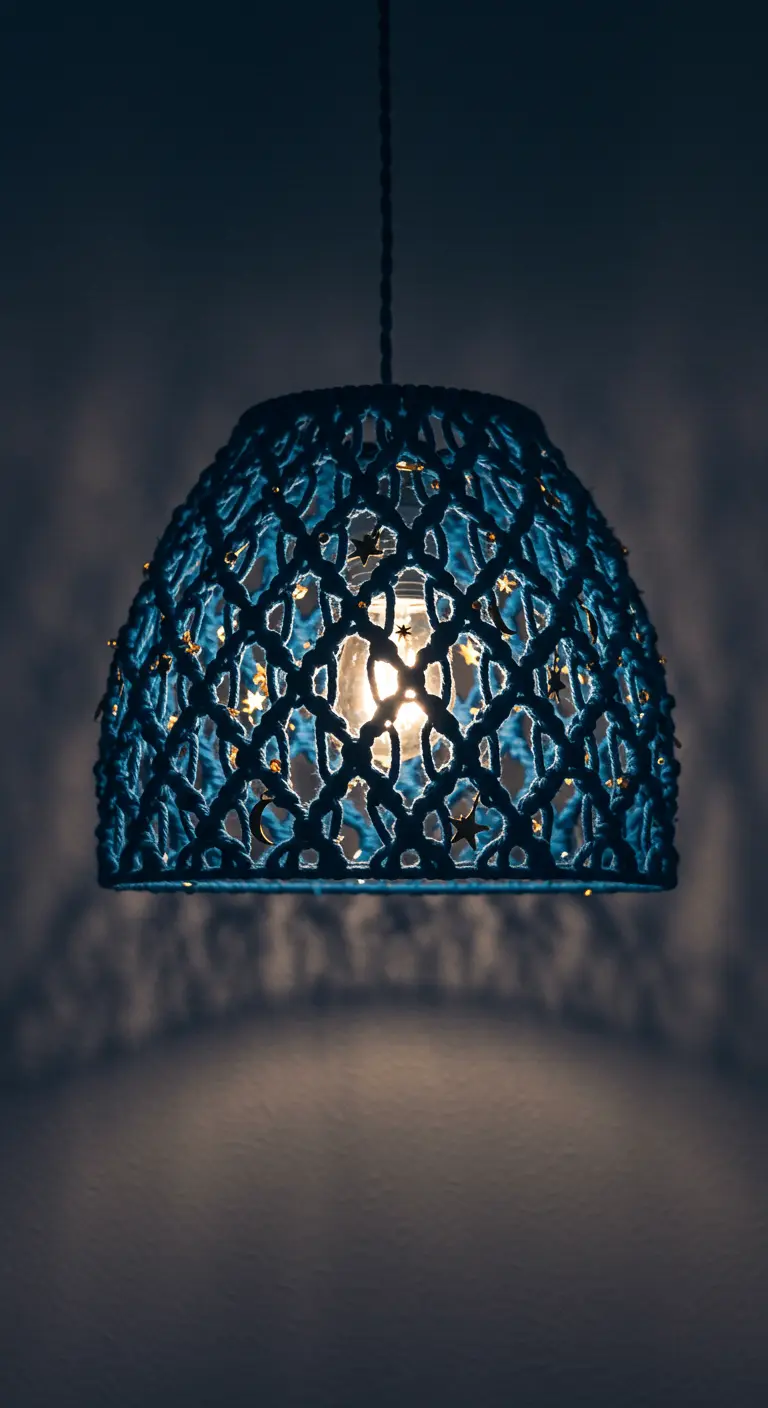 Lámpara de macramé azul oscuro con pequeñas estrellas doradas, iluminada.