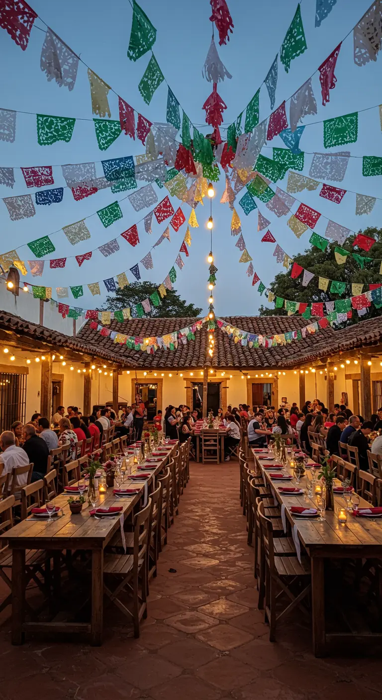 Patio de hacienda decorado con hileras de papel picado multicolor para una cena festiva.