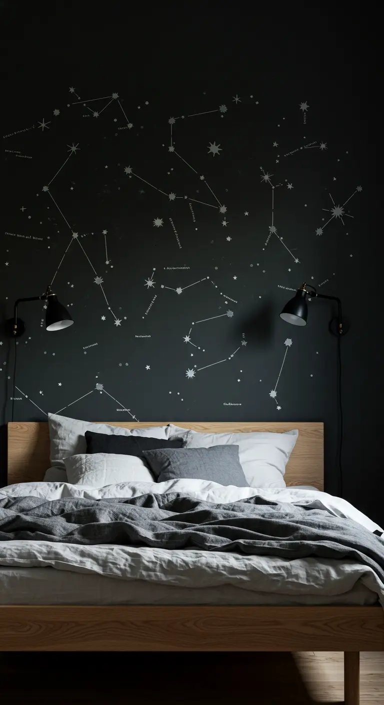 Mural de un mapa de constelaciones sobre una pared negra en un dormitorio moderno.