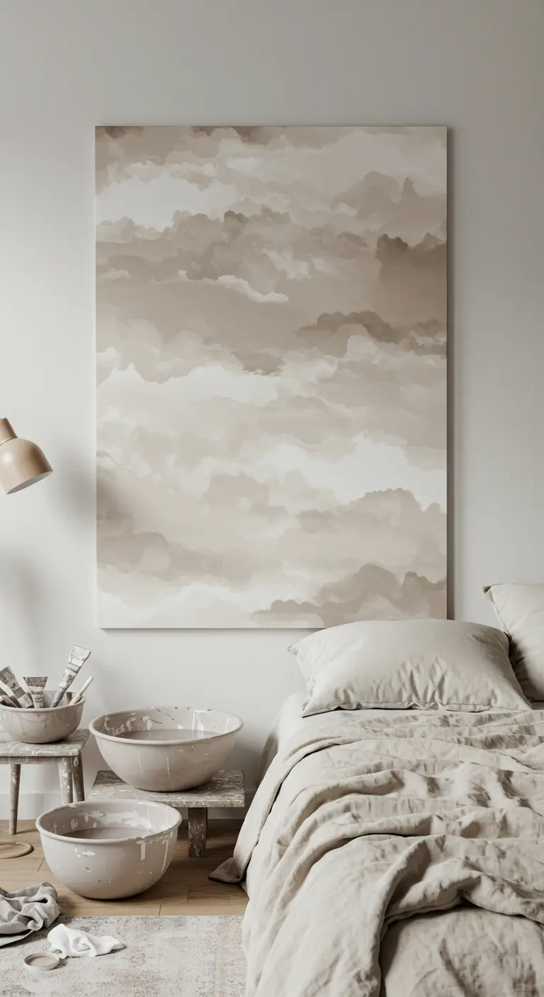 Gran lienzo vertical con una pintura abstracta de nubes en tonos beige y gris.