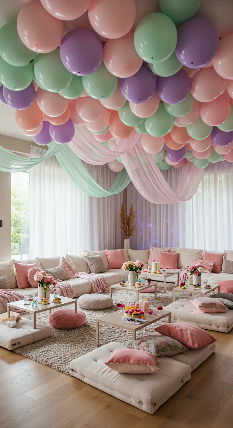 Salón con un techo cubierto de globos de colores pastel y telas vaporosas.