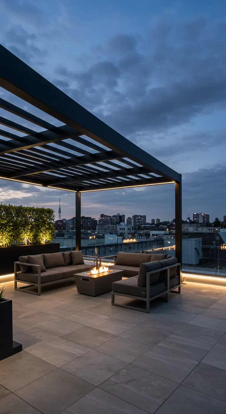 Terraza moderna en la azotea con pérgola de acero, sofás grises y hoguera central bajo un cielo azul.