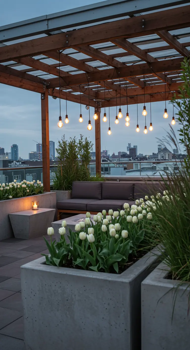 Terraza moderna en una azotea con pérgola, luces colgantes, jardineras de cemento y tulipanes blancos.