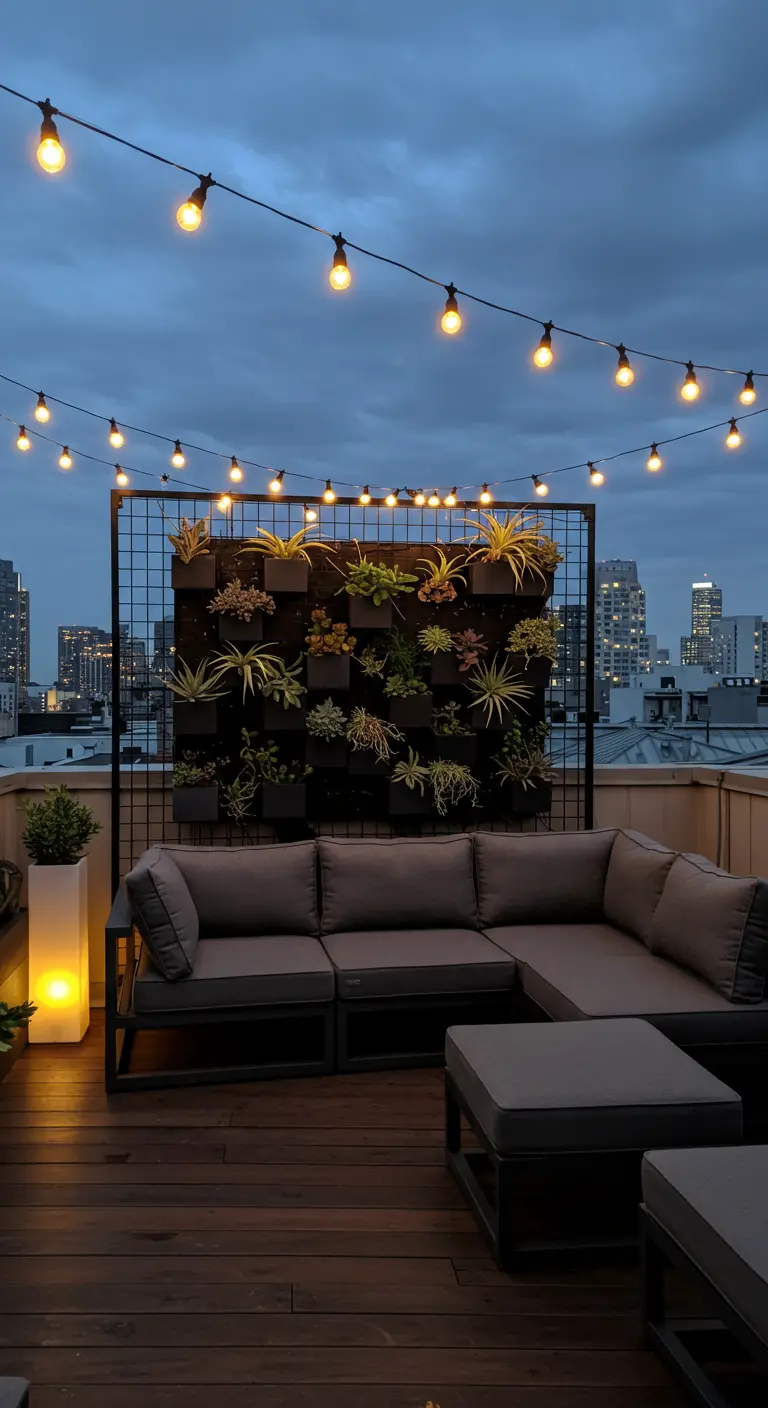 Terraza moderna en una azotea con un jardín vertical en una rejilla metálica y luces de guirnalda.