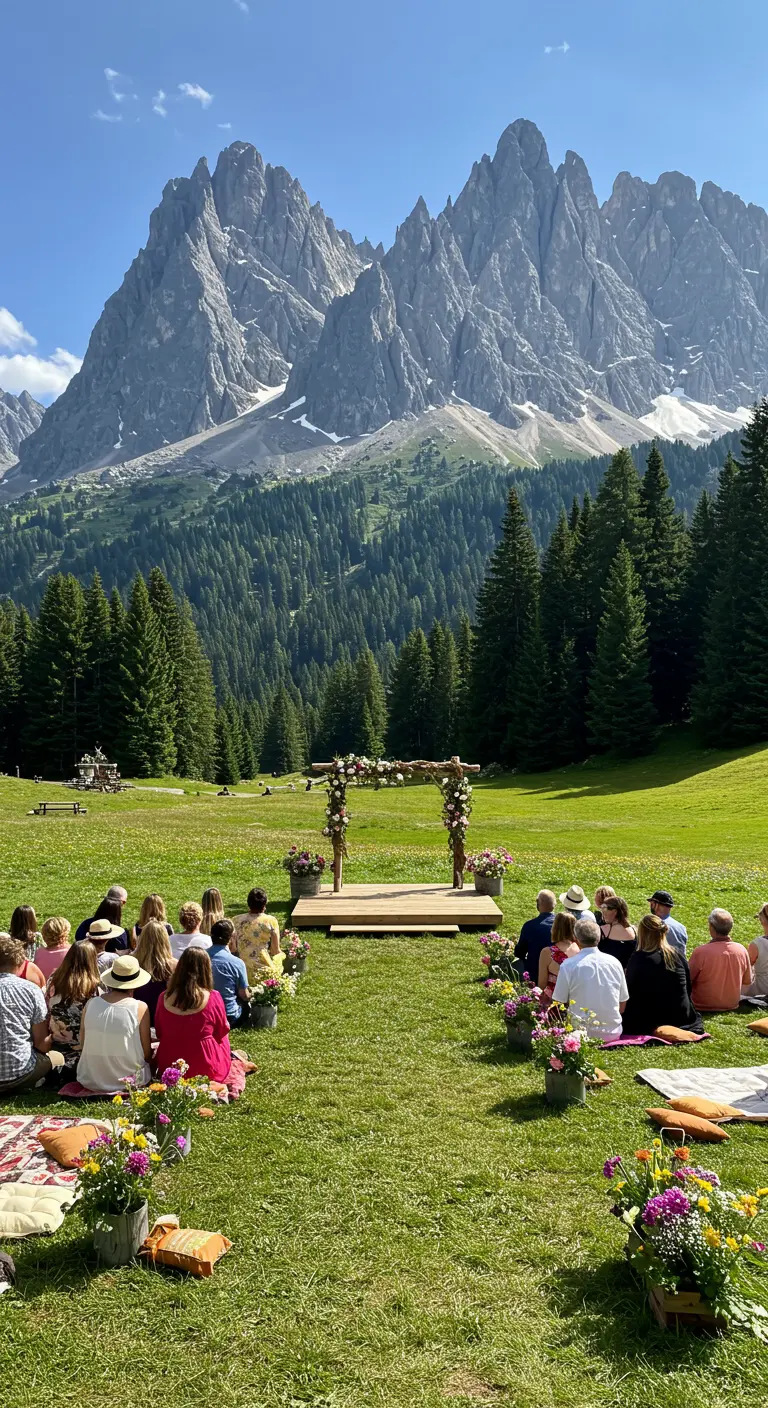 Altar de boda de madera en una plataforma en un prado con vistas a las montañas.
