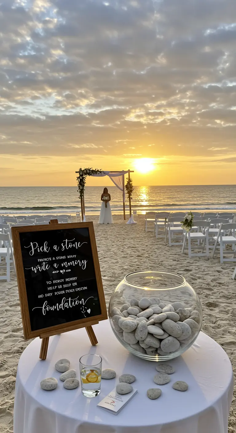 Estación en la playa con una pizarra que invita a los invitados a escribir en piedras.