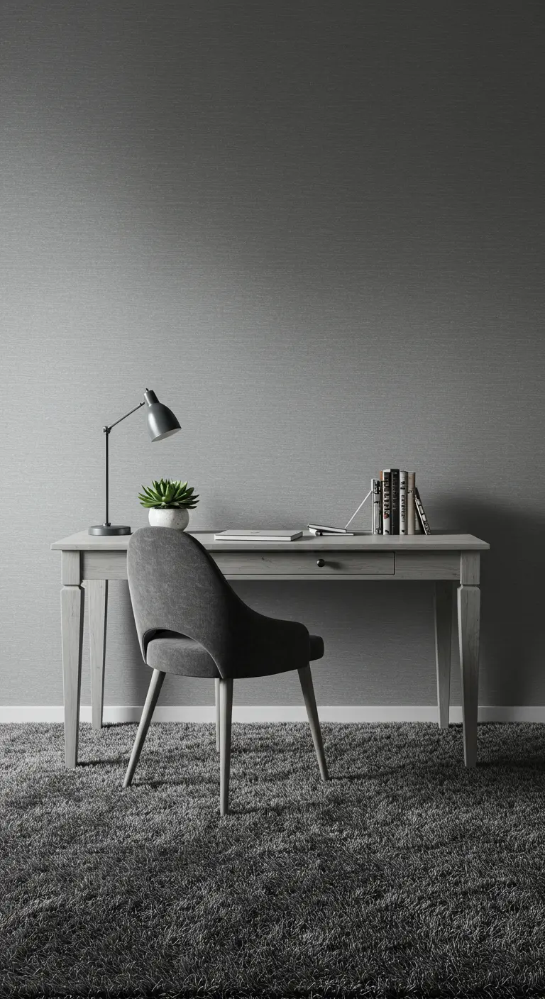 Espacio de trabajo monocromático en tonos grises con diferentes texturas, como una alfombra de pelo largo.