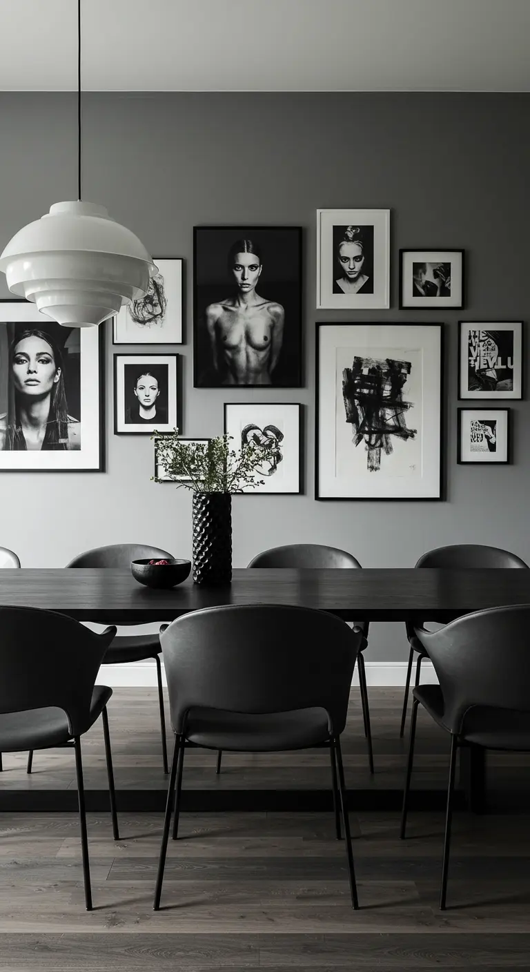 Pared de galería monocromática con retratos y arte abstracto en blanco y negro sobre pared gris