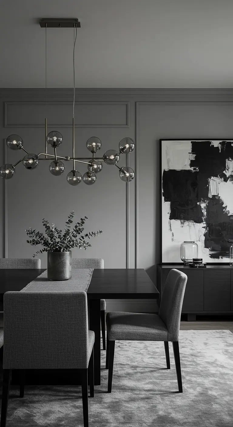 Comedor monocromático en tonos grises con una lámpara escultural y arte abstracto.