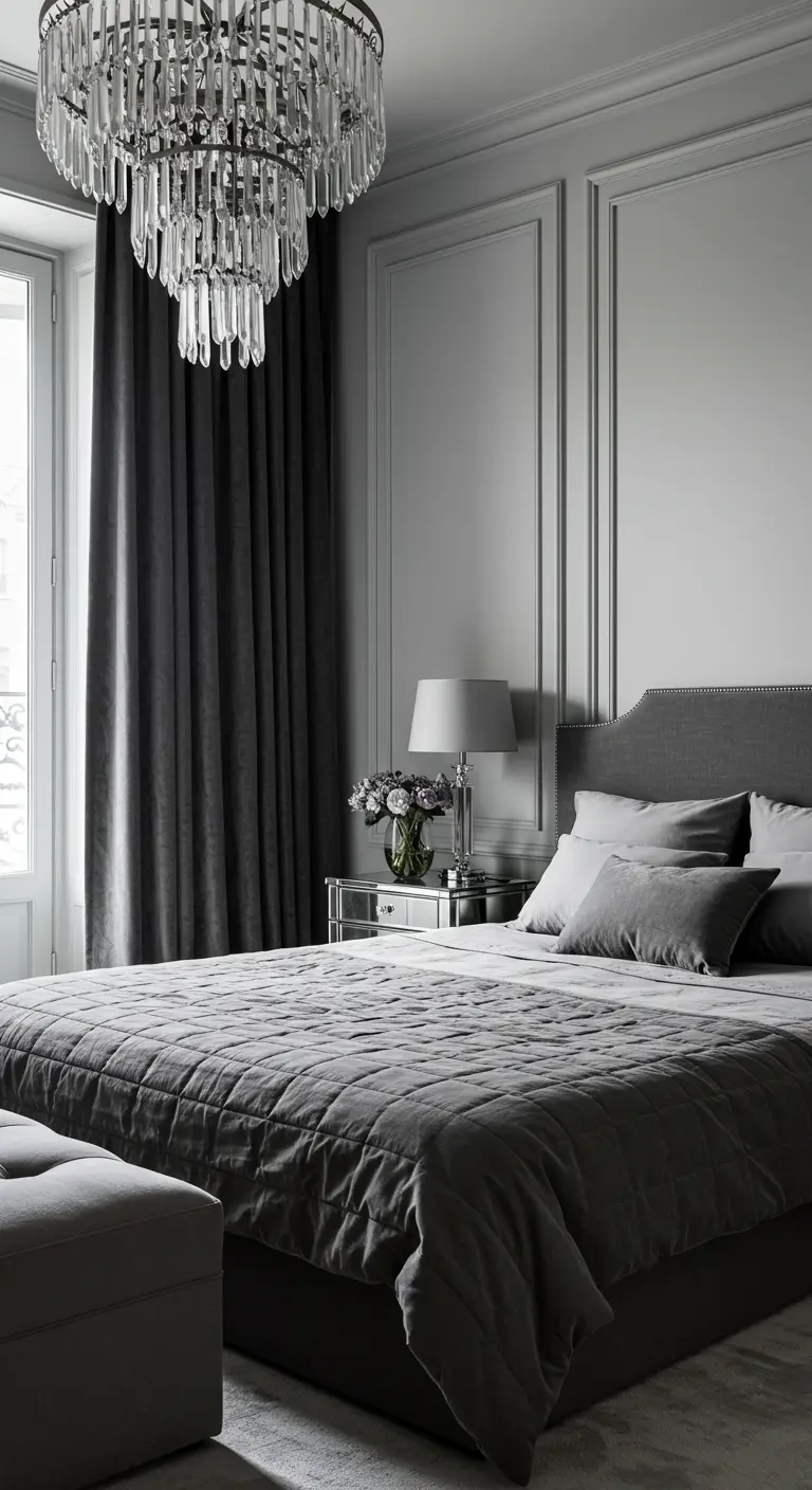Dormitorio monocromático en tonos grises con diferentes texturas, molduras y una lámpara de cristal