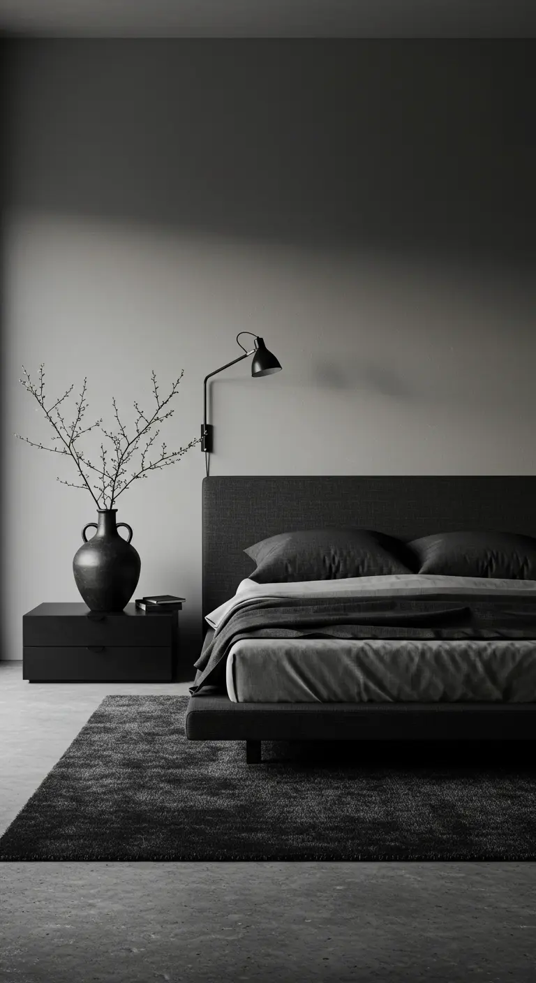 Dormitorio monocromático en tonos de gris y negro con texturas variadas.