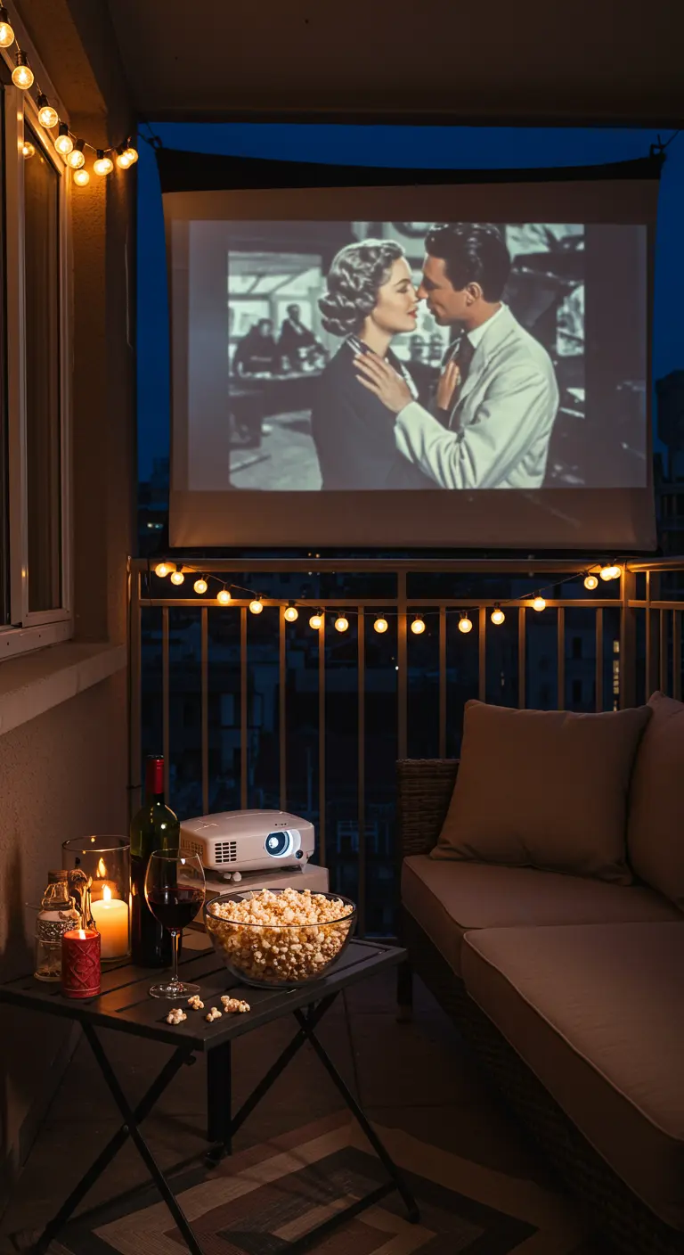 Balcón transformado en un cine al aire libre con proyector, pantalla, sofá, palomitas y luces.