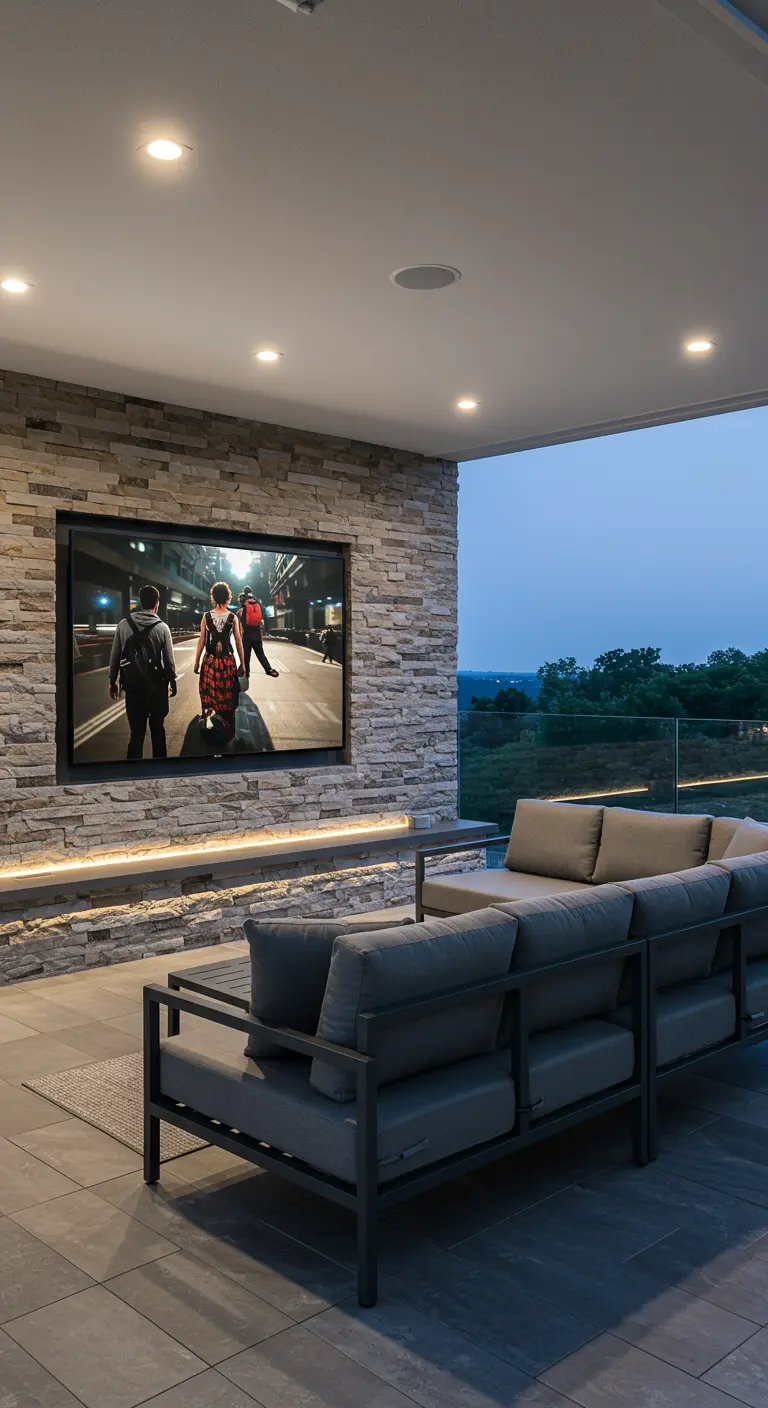 Terraza cubierta con pared de piedra, una gran pantalla de televisión y sofás grises modernos