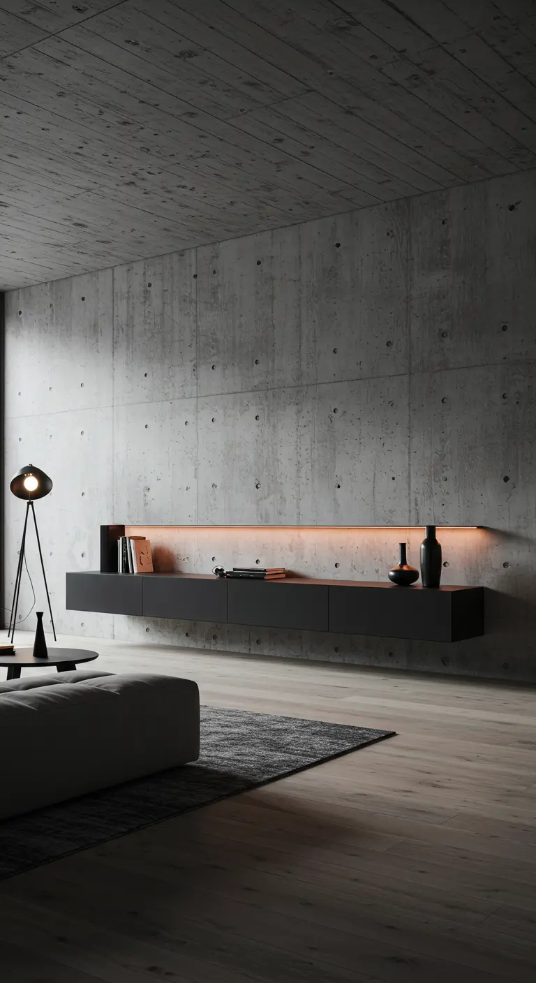 Mueble de TV flotante y minimalista de color oscuro sobre una pared de hormigón con luz LED