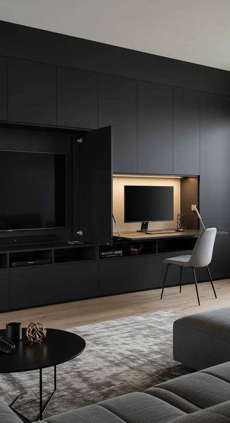 Mueble de salón negro mate con una sección que se abre para revelar un escritorio iluminado.