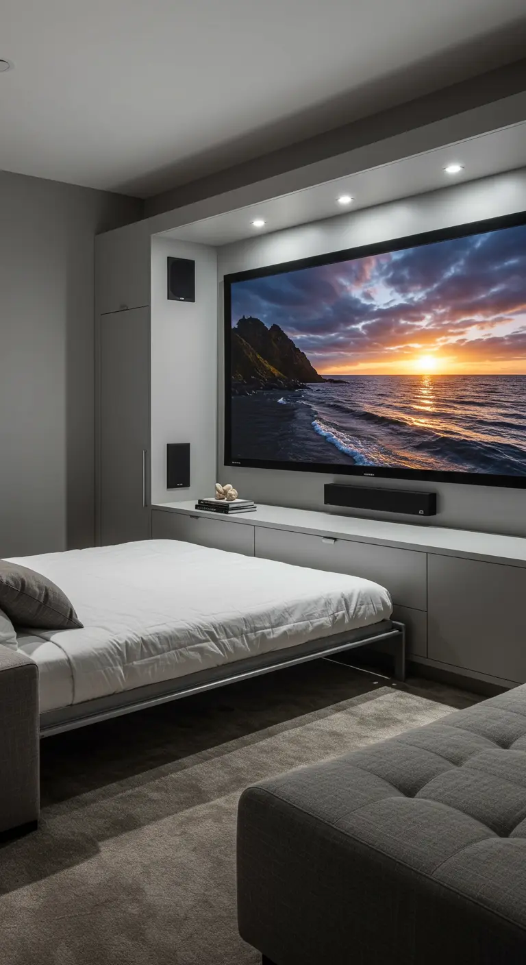 Cama abatible en una sala de cine en casa frente a una gran pantalla.