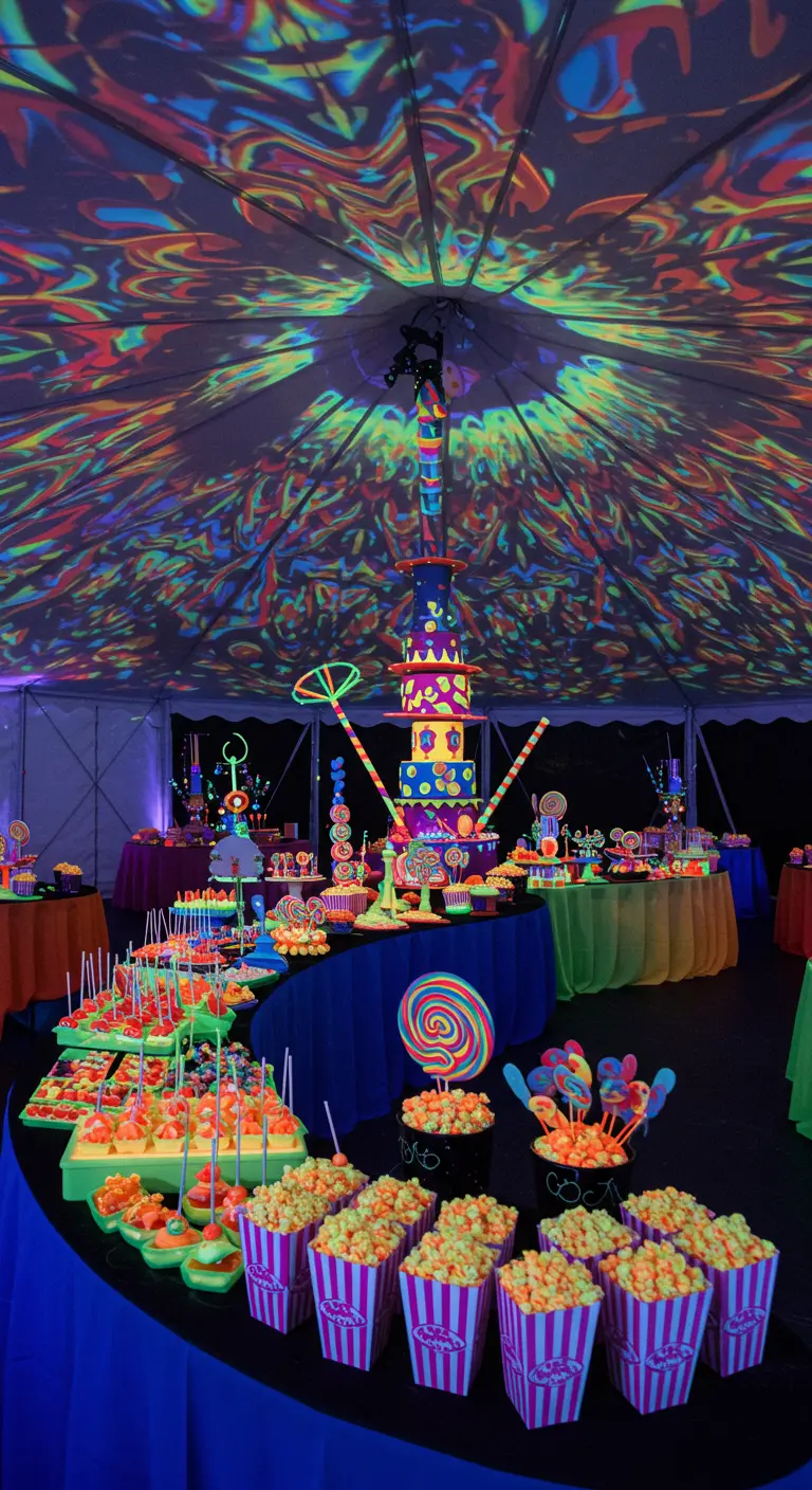 Mesa de dulces de neón que brilla intensamente bajo luz negra en una carpa de fiesta.