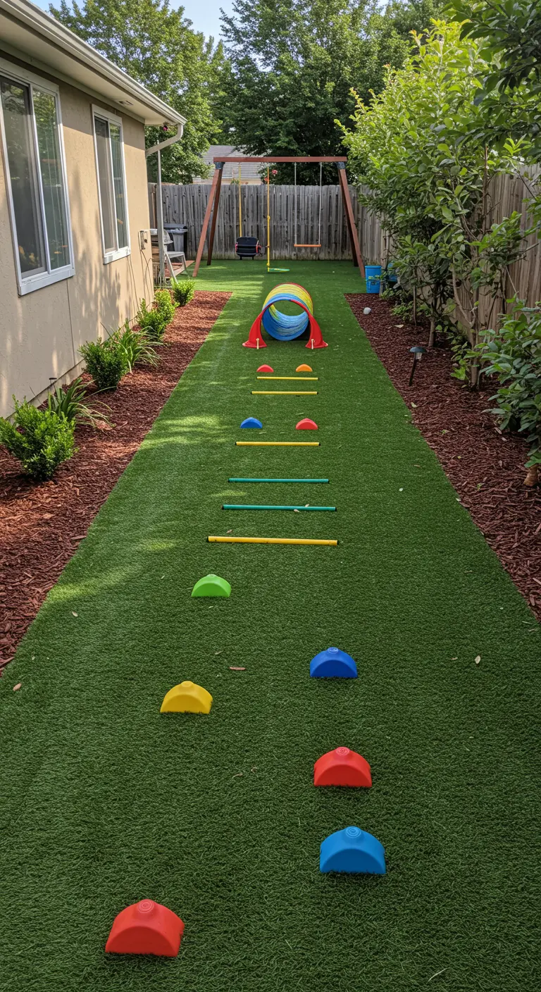 Jardín estrecho convertido en una pista de obstáculos para niños con césped artificial