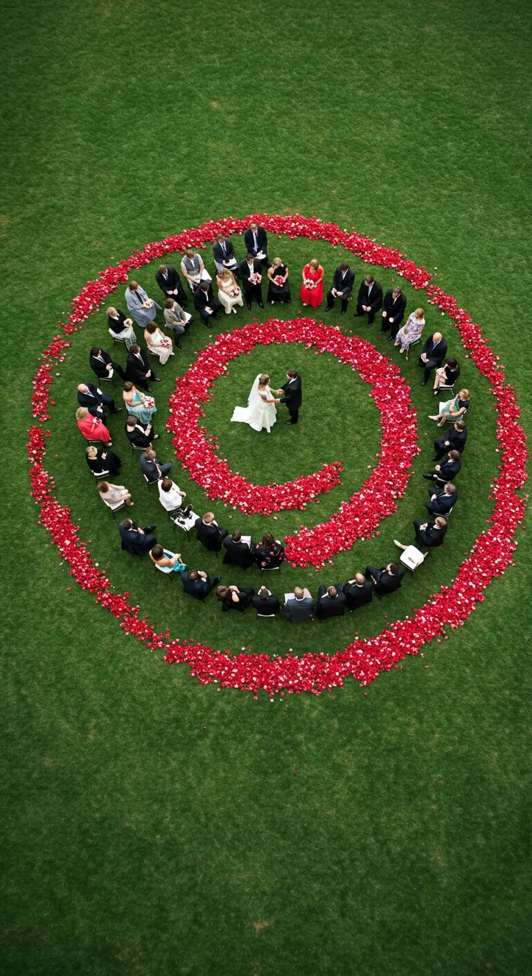 Vista aérea de una ceremonia de boda en un círculo de pétalos rojos.